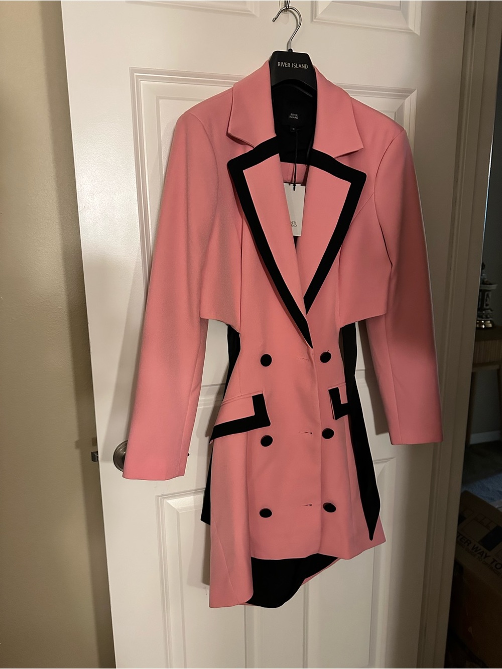 River Island Pink Double-Breasted Contrast Trim Blazer Coat dress